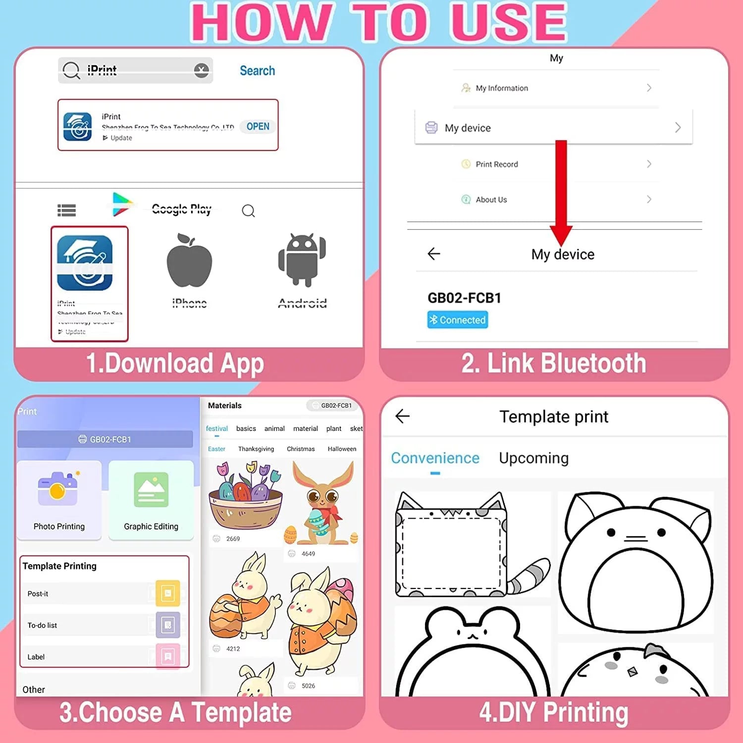 Portable Printer, Mini Pocket Wireless Bluetooth Thermal Printers with 6 Rolls Printing Paper for Android Ios Smartphone, BT Inkless Printing Gift for Label Receipt Photo Notes Study Home Office